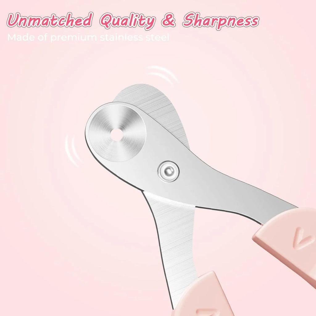 Stainless steel cat nail clipper with positioning hole and non-slip handle in blue or pink for safe pet grooming