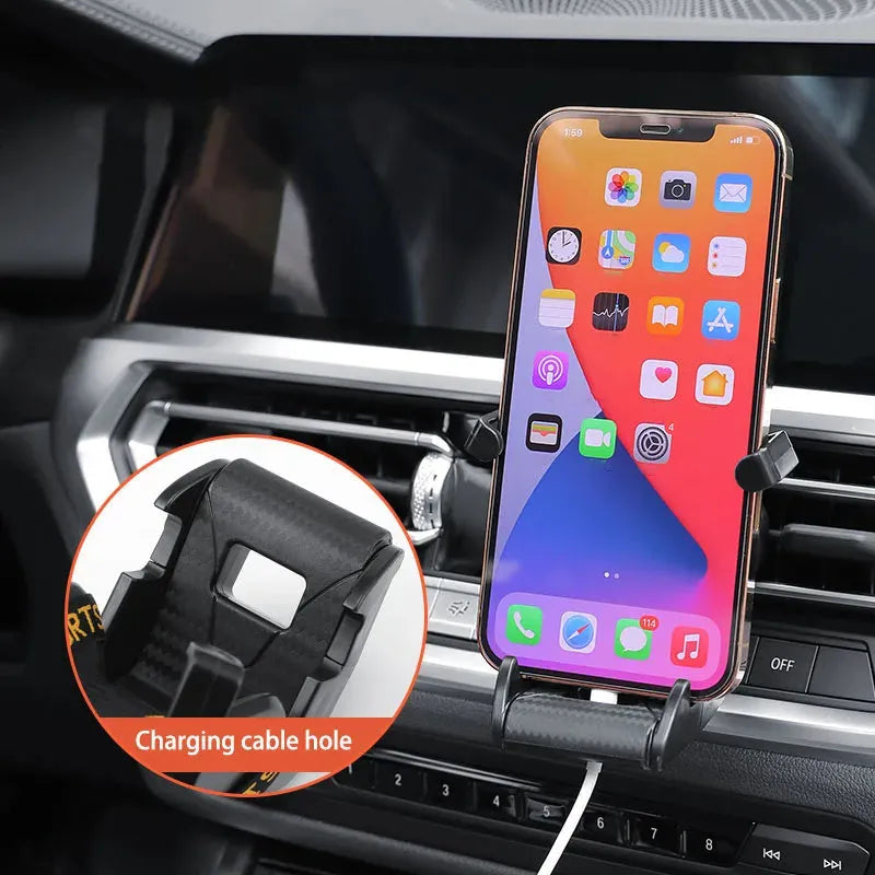 Racing seat shape car phone holder mounted on air vent with gold tape design