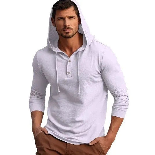 Men's dark blue cotton sports hoodie pullover with long sleeves on a hanger