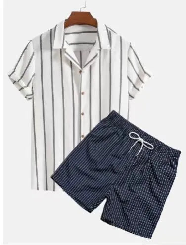 Men's beach style short sleeve shirt and shorts set in polyester fibre, size S to 4XL, multiple colours.