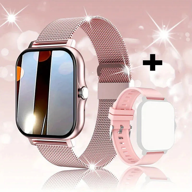 Smart watch with touch screen showing Bluetooth calling interface and health metrics