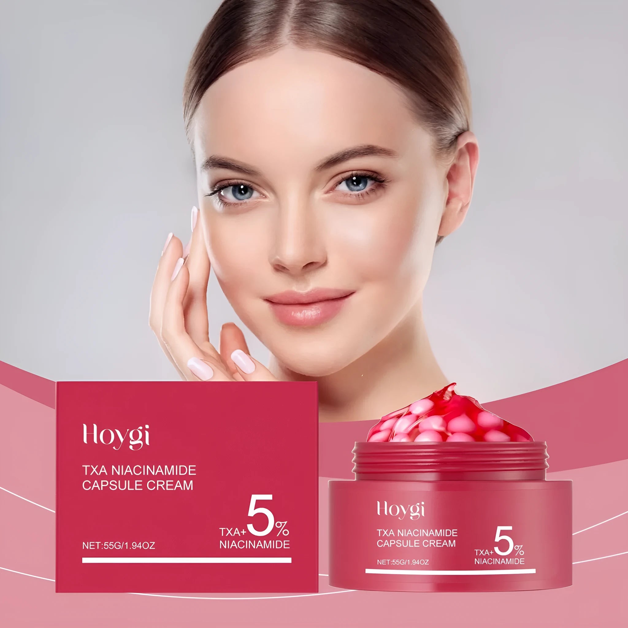 55g jar of easy absorb nourishing moisturising cream with gel and white balls, containing tranexamic acid and nicotinamide