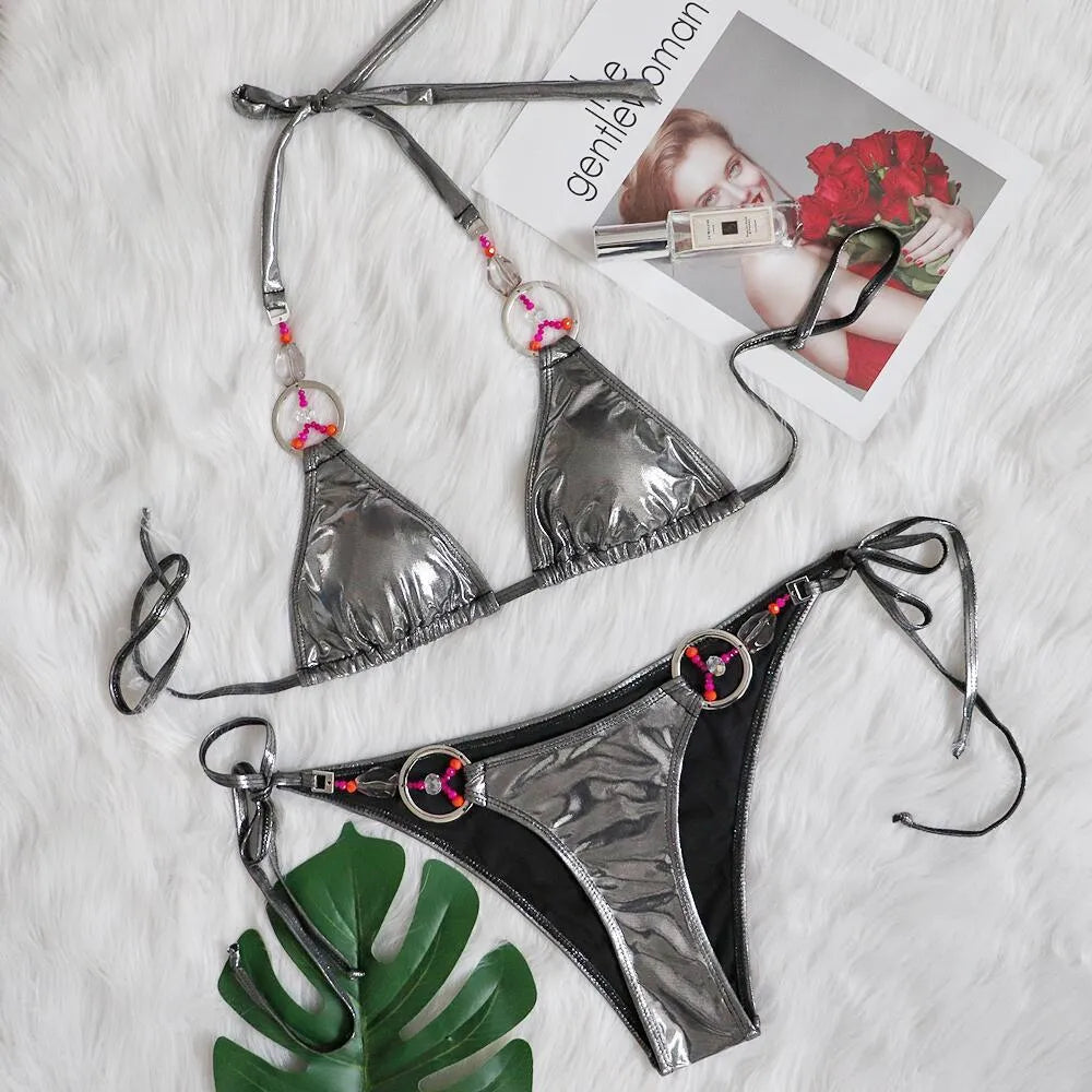 Women's hot silver split bikini set with polyester fabric and brief-style bottoms