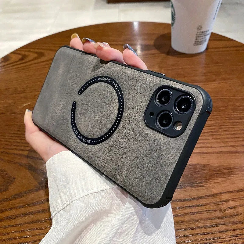 Business magnetic charging phone case imitation leather black fits Apple iPhone models