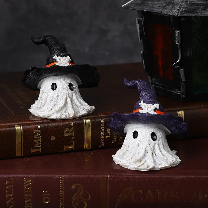 Resin wizard hat ghost Halloween ornament in black or purple for seasonal decoration