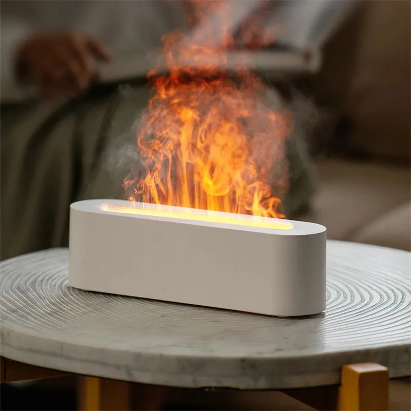 Flame aroma diffuser ultrasonic cool mist humidifier with 7 colour LED and realistic fire effect, square plastic design