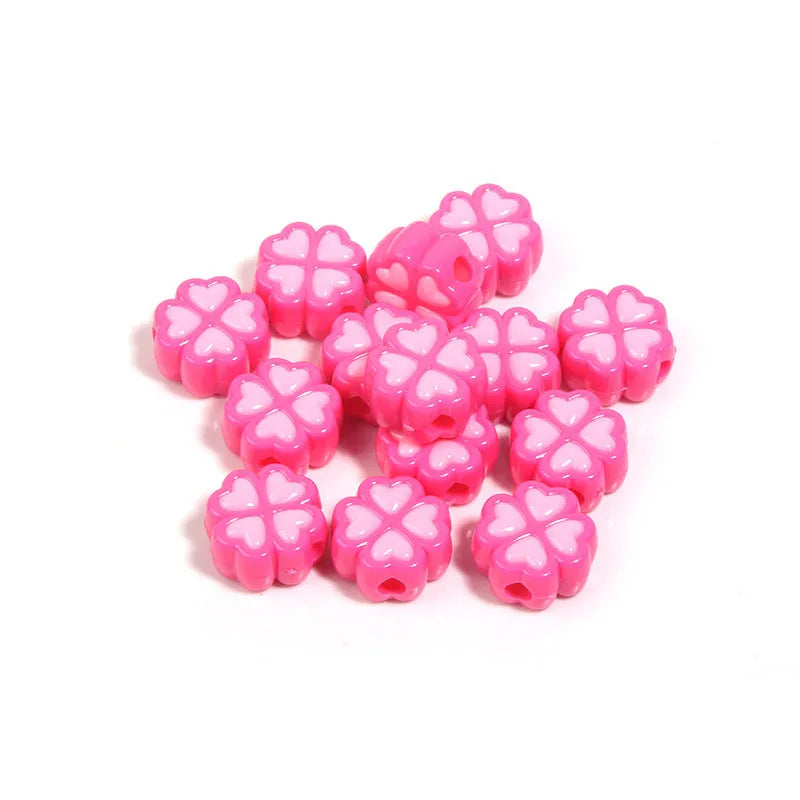 Acrylic four-leaf clover beads in mixed colours with frosted finish, 15mm diameter for jewellery making