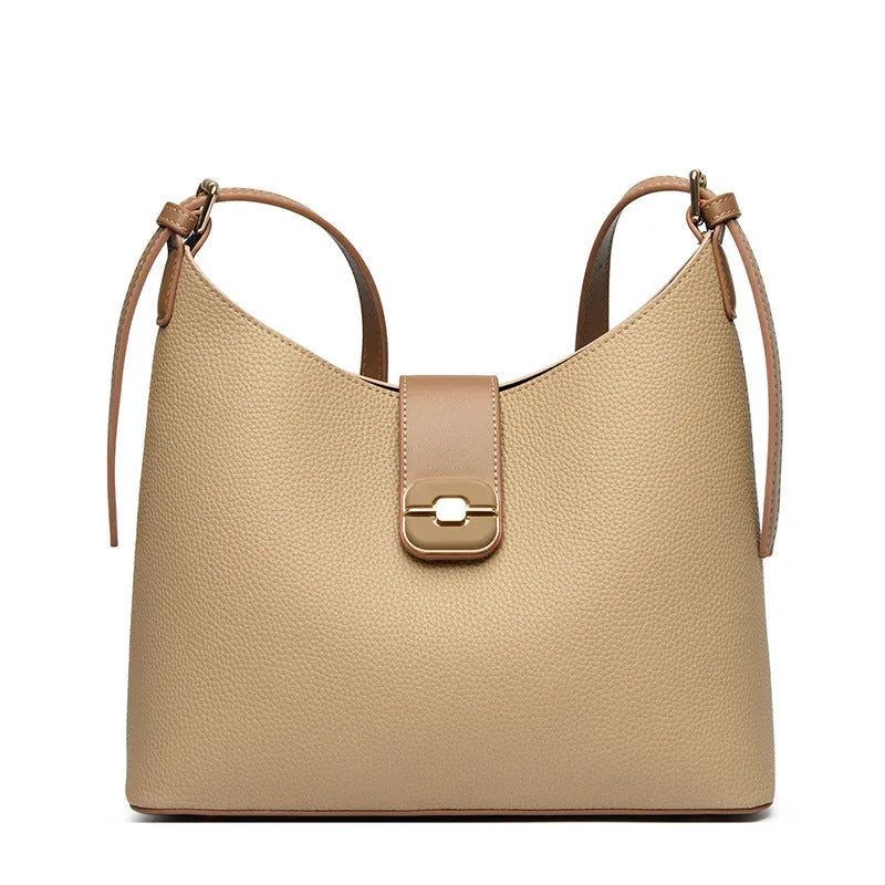 All-matching Simple Large-capacity Bucket Bag in PU material, available in four colours: black, gray, biscuit, milky white