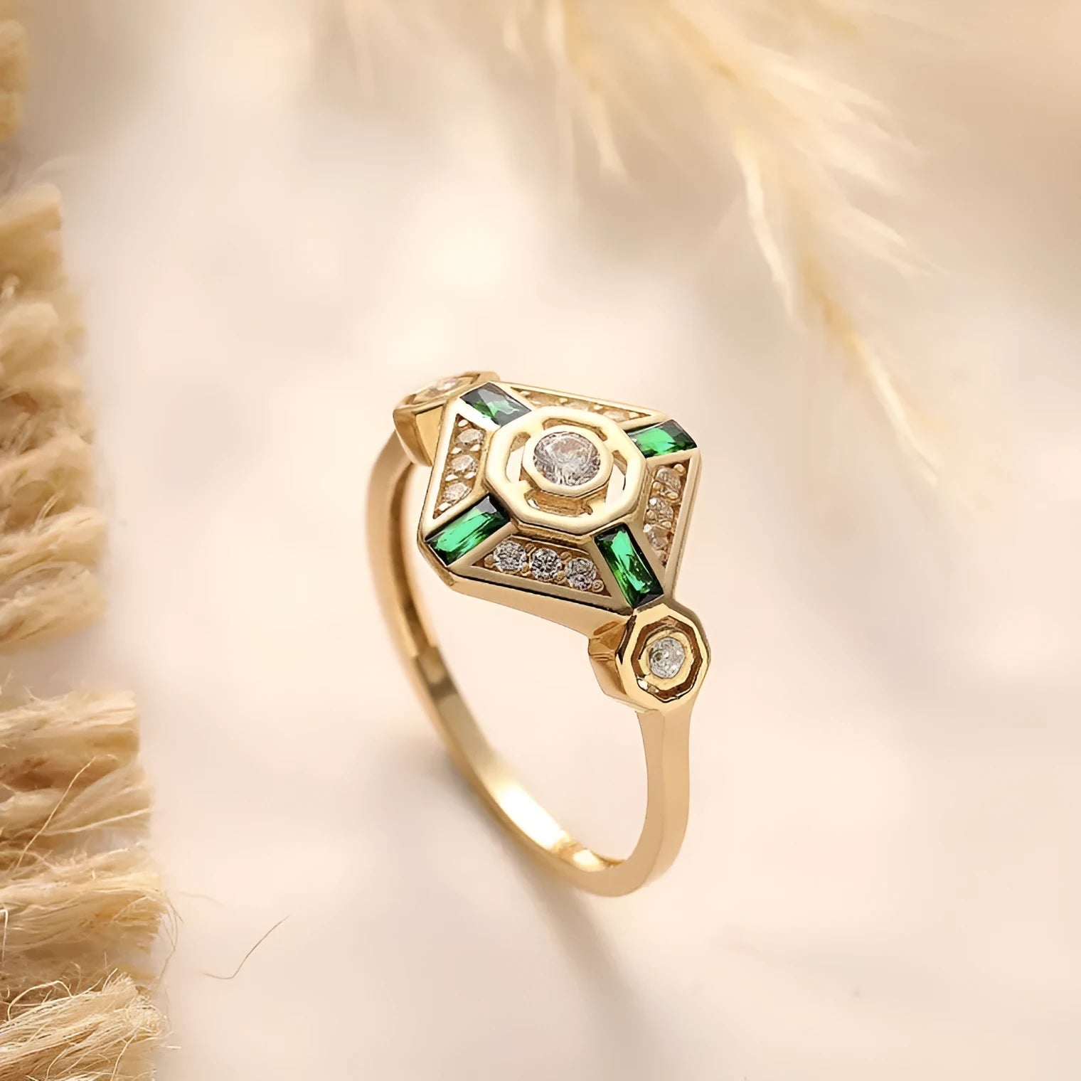 Square geometric ins-style emerald diamond ring in lvzuan colour on a white background.