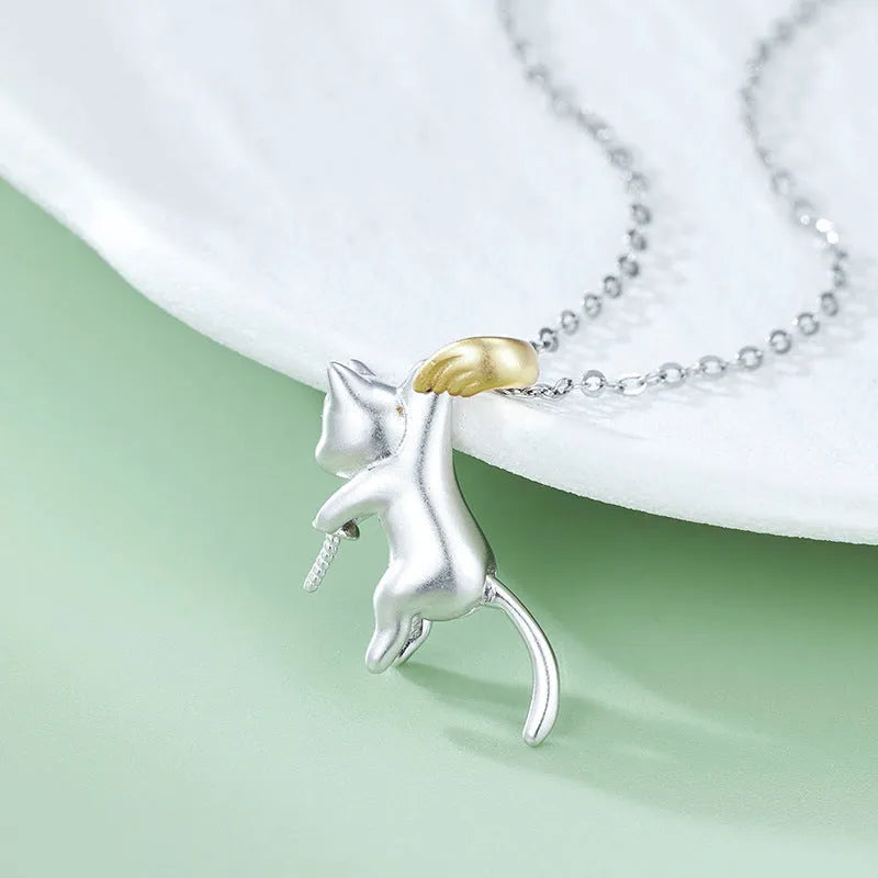 925 sterling silver clavicle chain necklace with cat pendant and electroplated finish