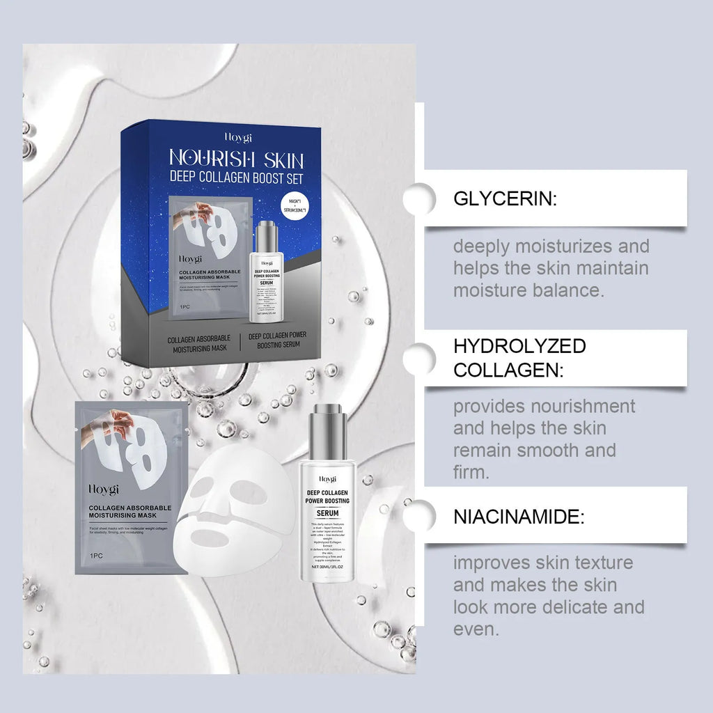 Collagen moisturising suit showing facial mask and 30ml essence bottle for skin hydration