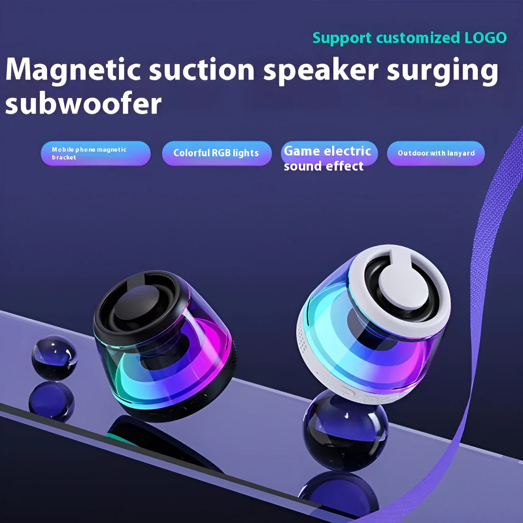 White portable Bluetooth speaker with LED ambience light and magnetic mini design on a desktop