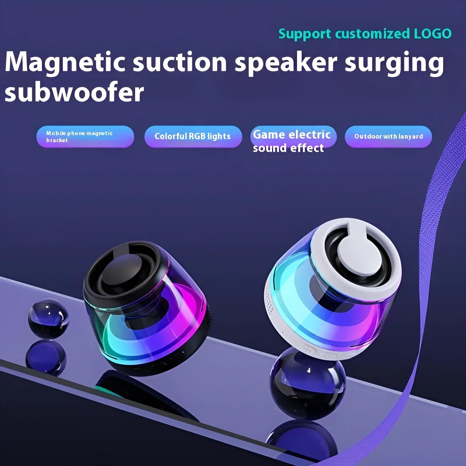 White portable Bluetooth speaker with LED ambience light and magnetic mini design on a desktop