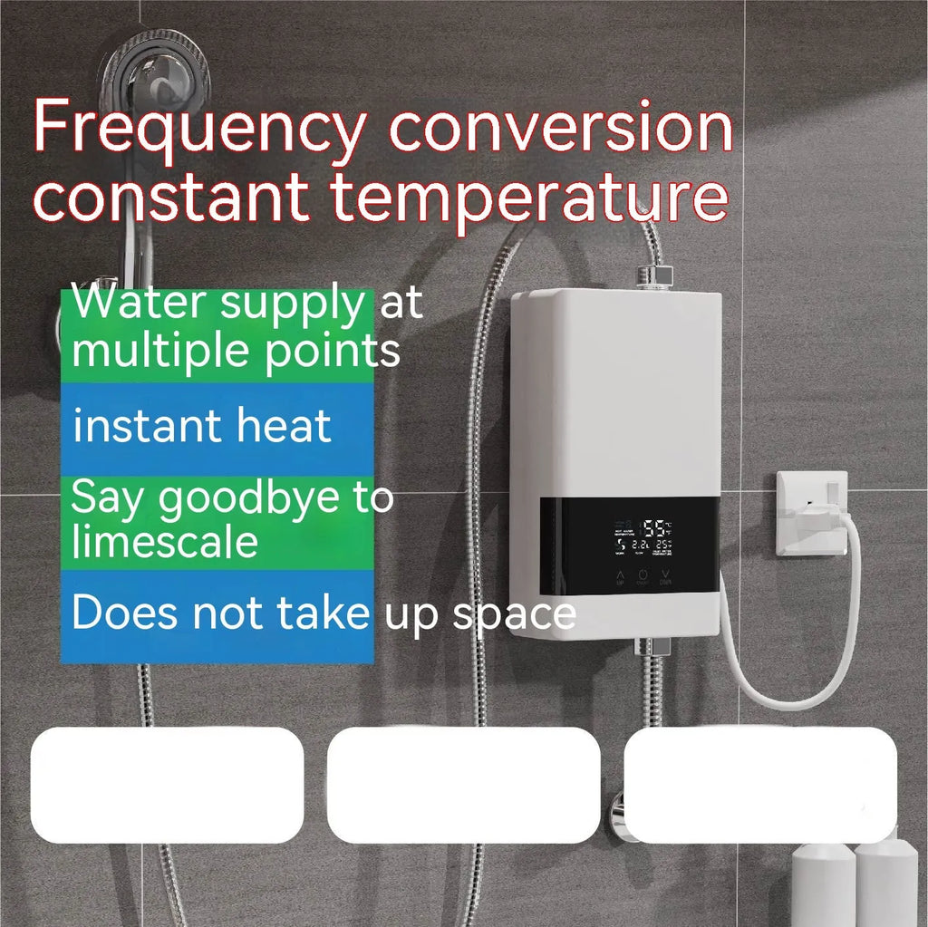 Instant electric water heater with LED touch screen display and remote control for kitchen or shower use.