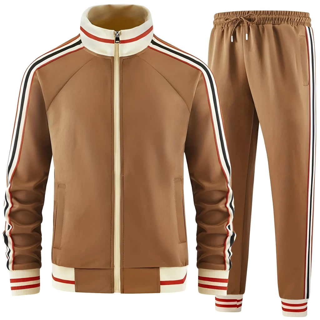 Men's khaki turtleneck zip cardigan with matching trousers casual suit set