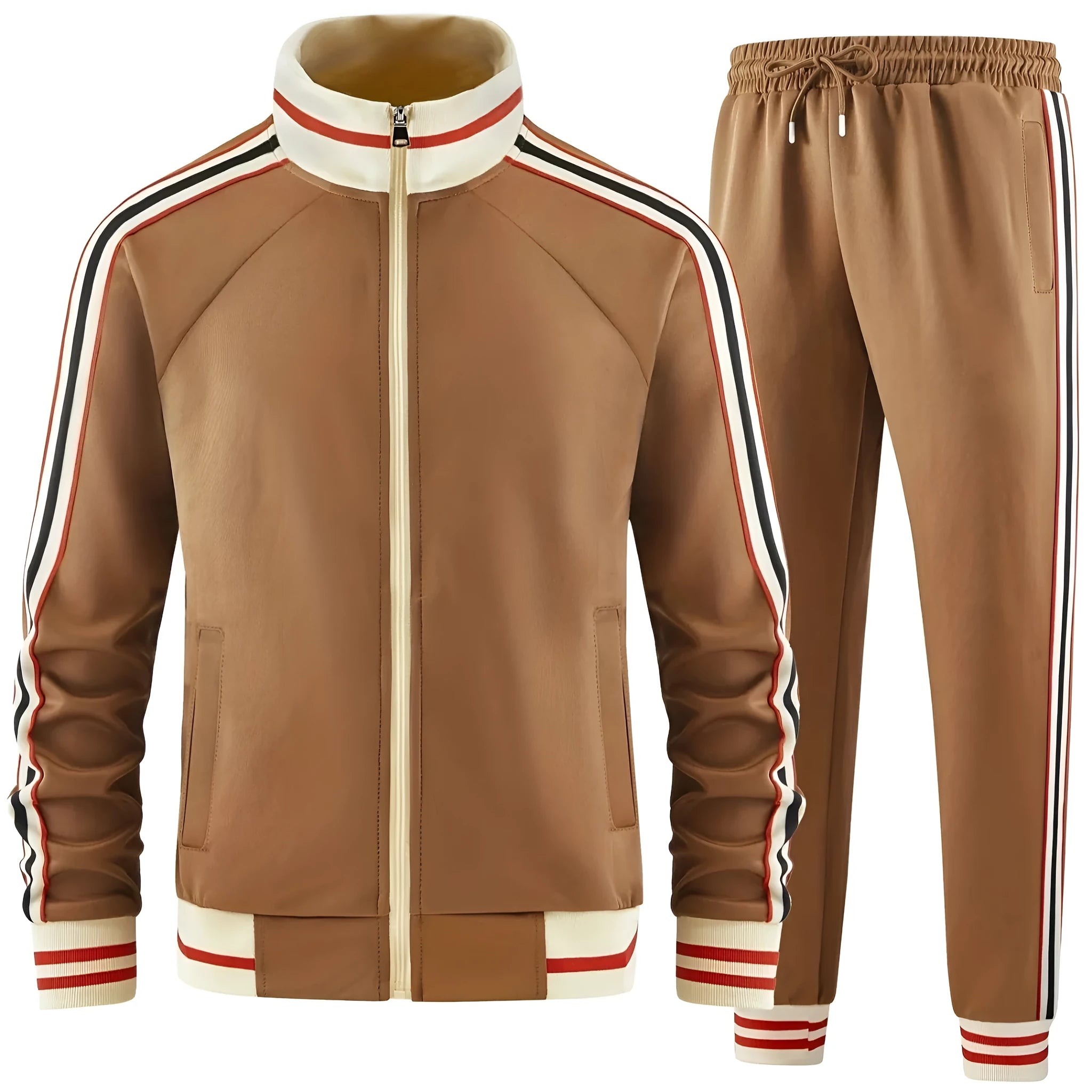 Men's khaki turtleneck zip cardigan with matching trousers casual suit set