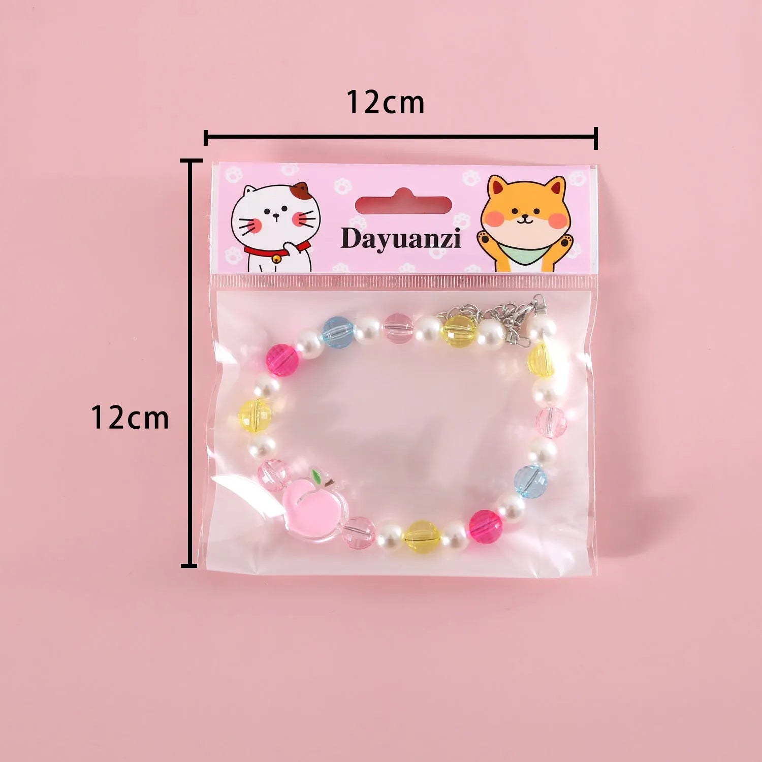 Colourful plastic bead pet necklace for dogs and cats in small flower, rainbow, or peach patterns.
