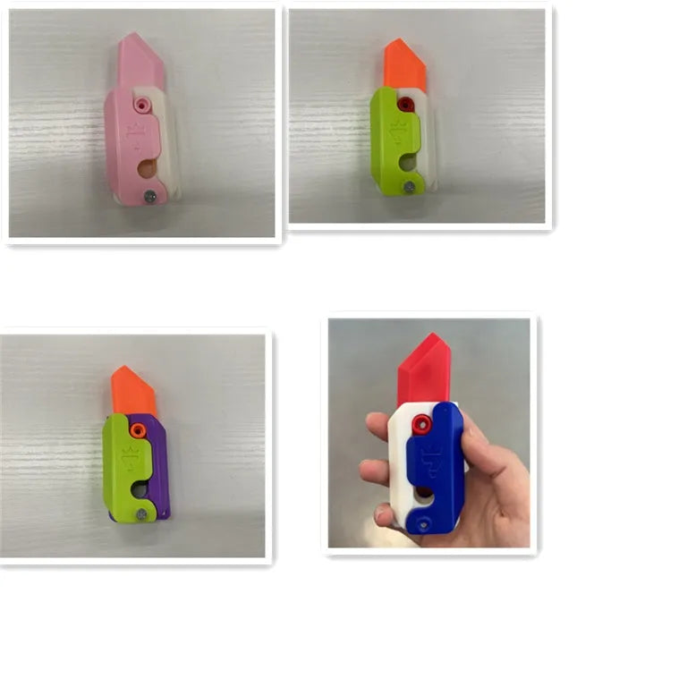 3D printed gravity carrot fidget knife in orange, purple and green colour on white background
