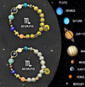 Set of twelve natural stone beaded bracelets representing zodiac signs on elastic cords