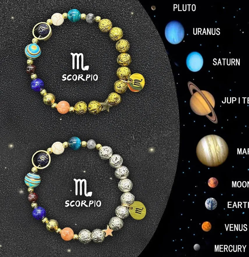 Set of twelve natural stone beaded bracelets representing zodiac signs on elastic cords