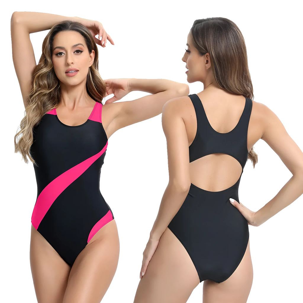 One-piece colour matching tight swimsuit for women in Rose Red, sleeveless, polyester fibre, sizes S to XXL