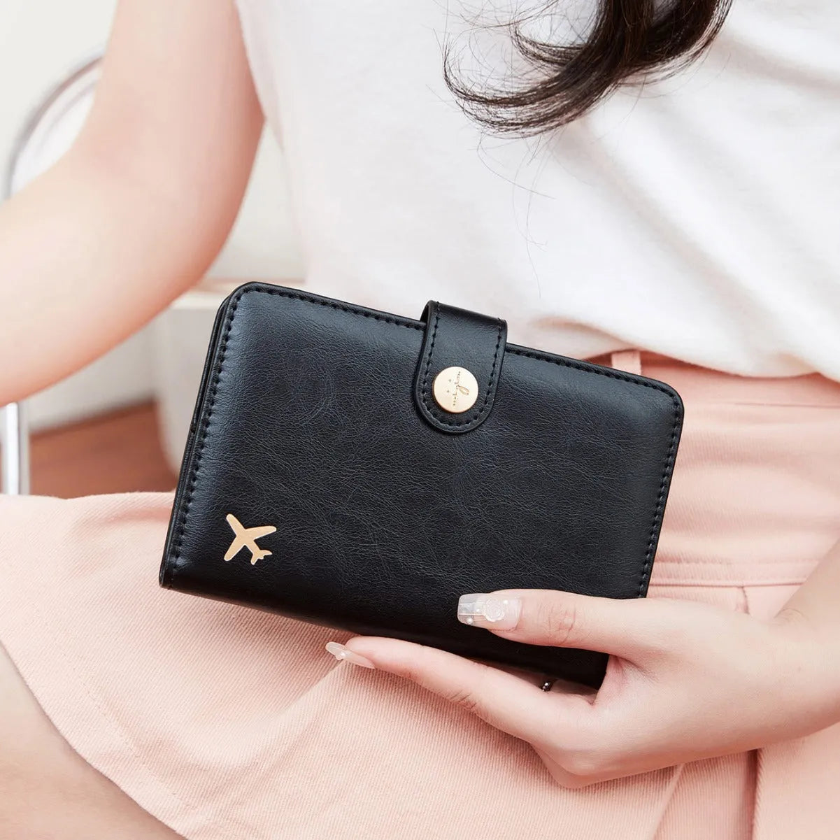 Multifunctional passport holder bag with aircraft pattern sewing line detail, available in multiple colours