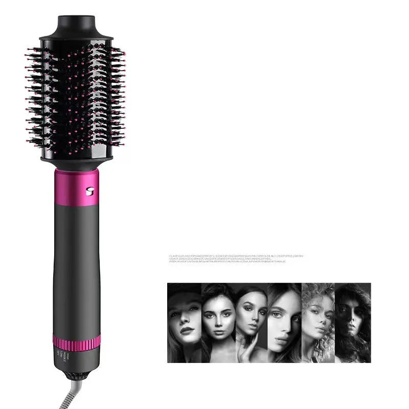 Dyson grey 5-in-1 hair dryer brush styling tool with multiple brush attachments on white background