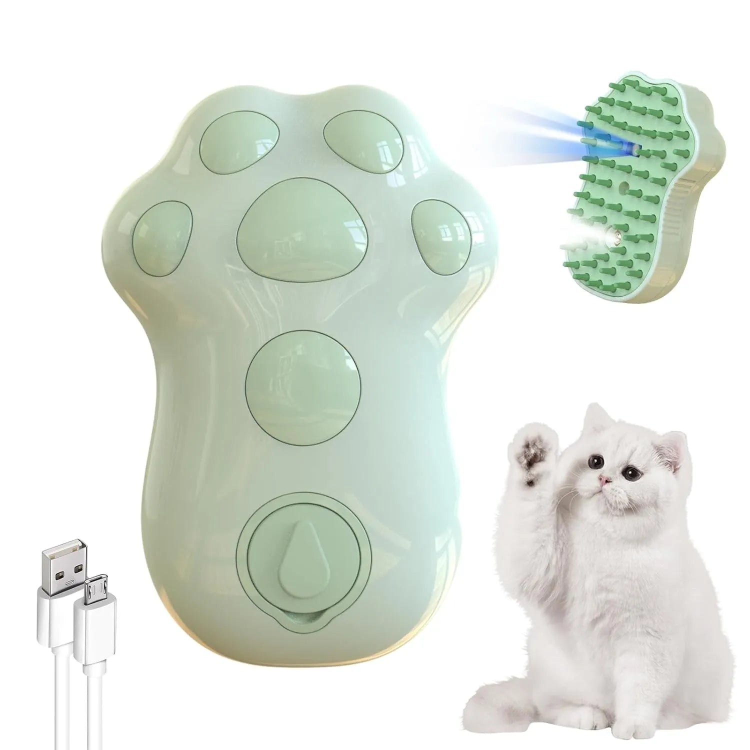 Blue self-cleaning cat steam brush with silicone bristles and release button