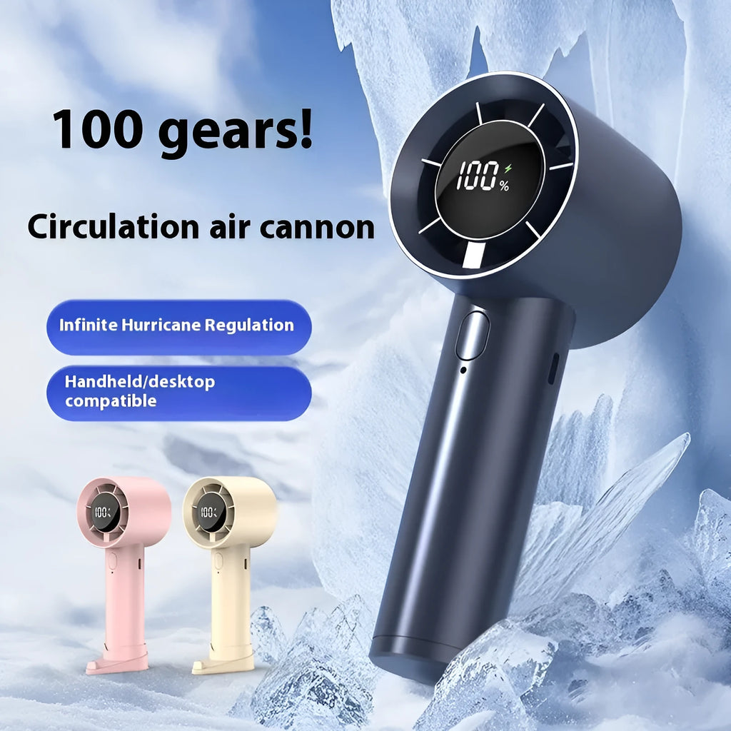 Handheld digital display fan in khaki with six-speed control and USB charging port
