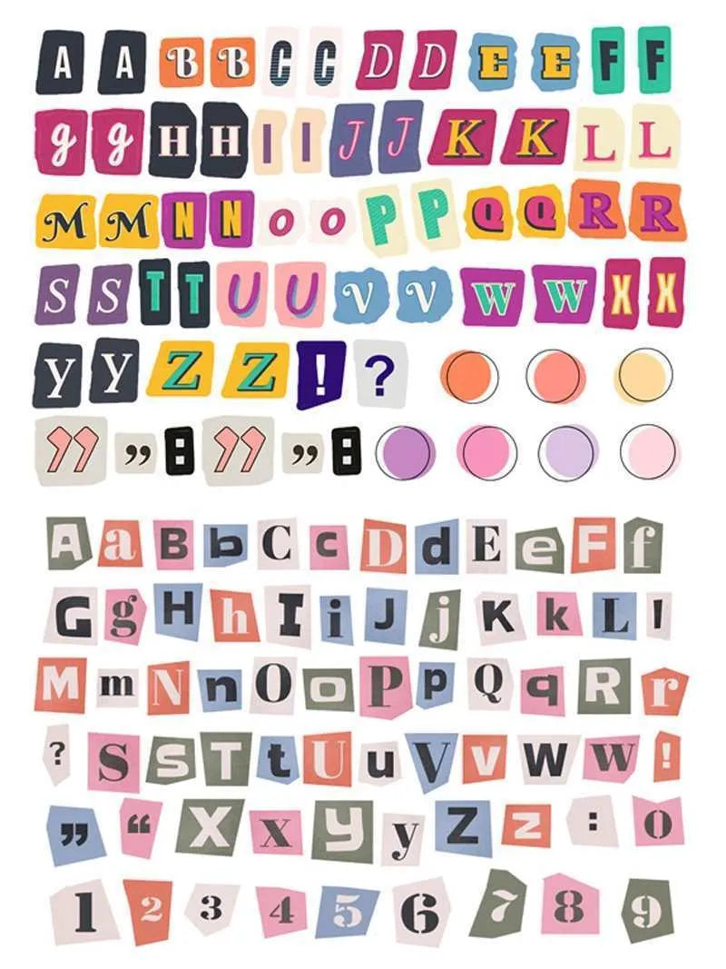 Set of cute style English letter A B C D E and weekly word decoration stickers.