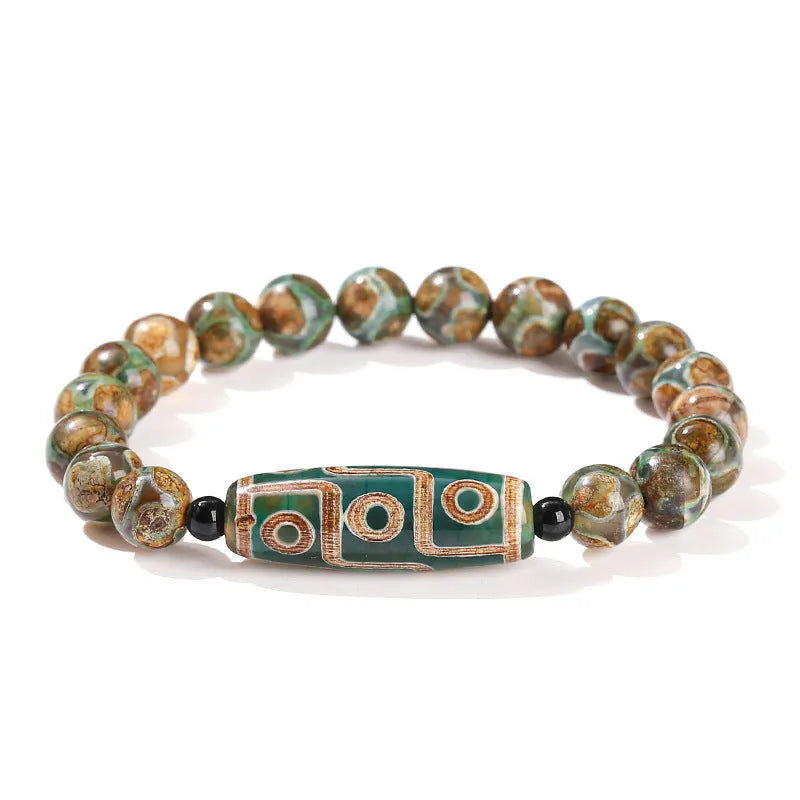 Green dzi bead barrel shaped bracelet with 8mm beads and handmade finish