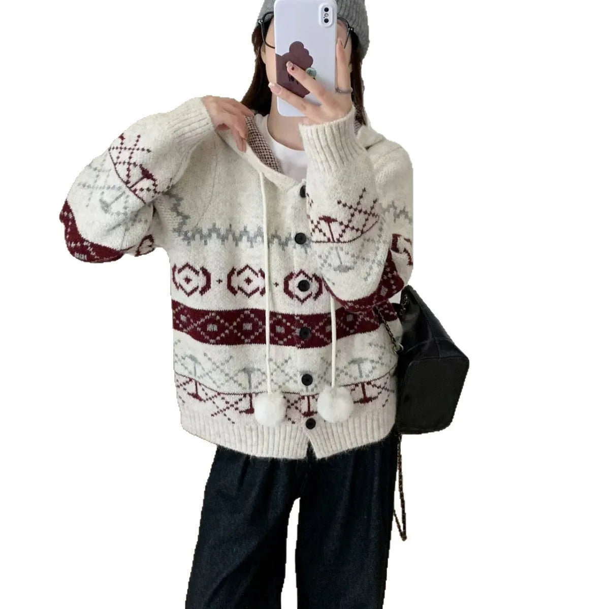 Women's brocade sweater coat with geometric pattern in milky white colour