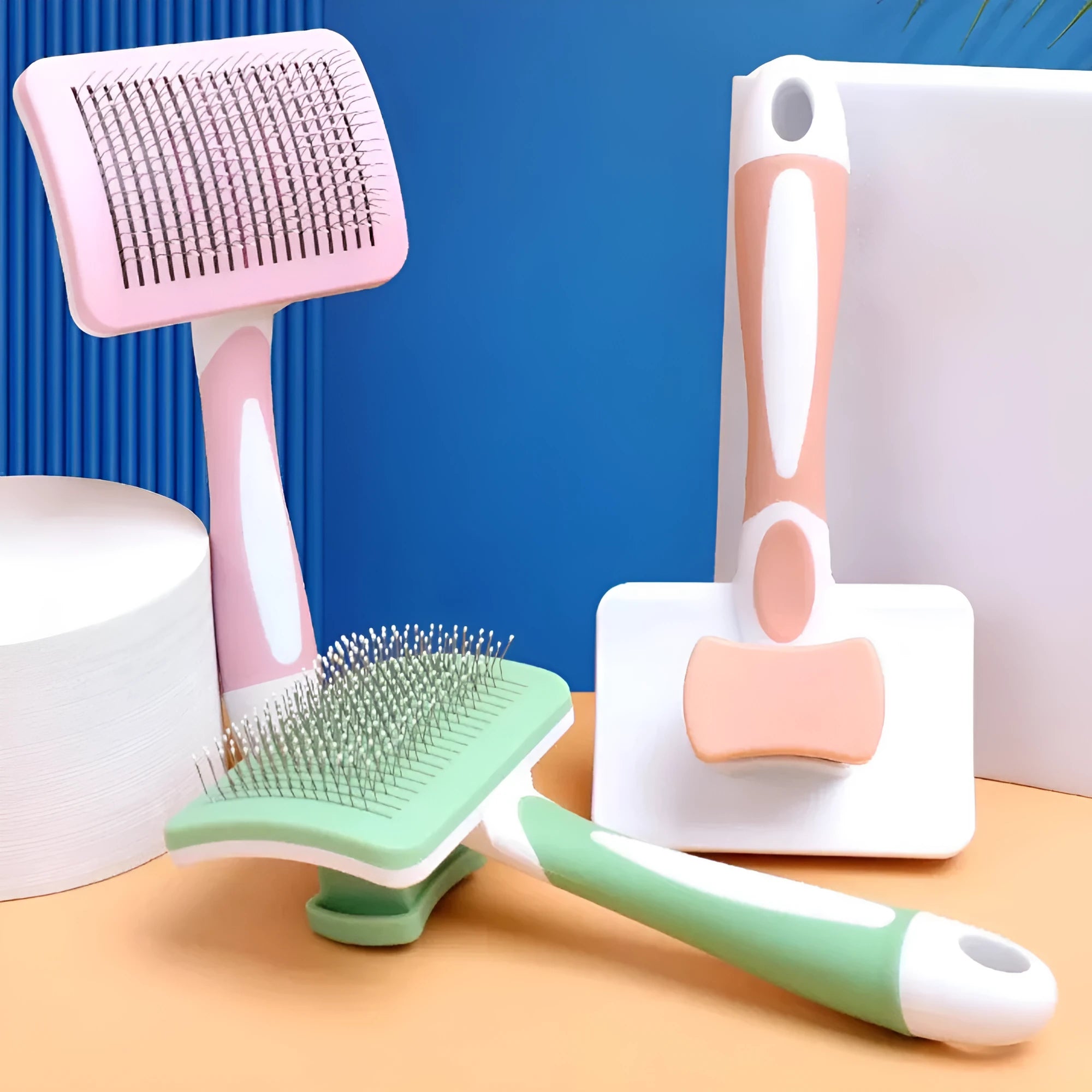 Self-cleaning slicker brush for dogs and cats with gentle bristles and one-click hair release button