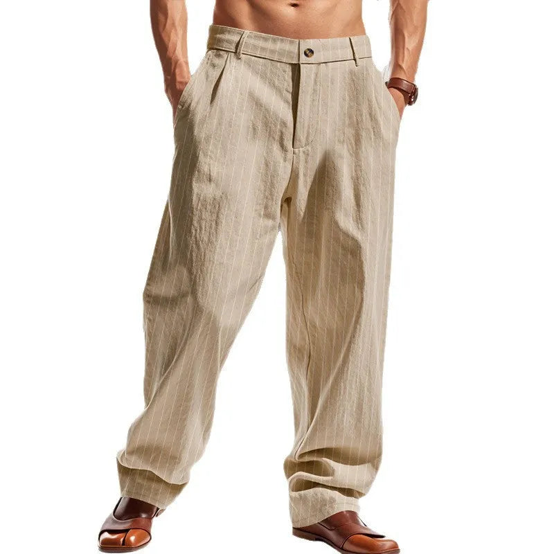 Men's linen striped high waist wide leg trousers in light khaki, front view