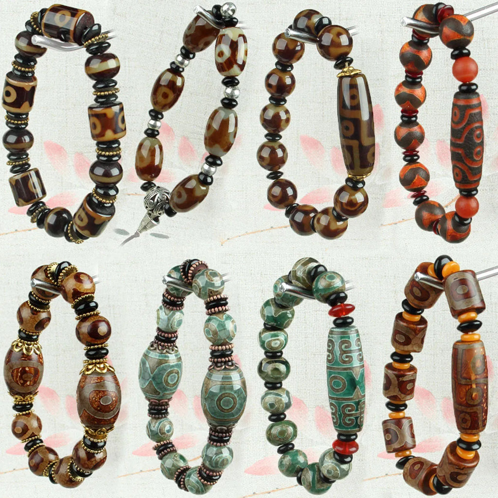 Distressed Agate Three-eye Tibet Beads Bracelet natural stone polished handmade dzi bead bracelet