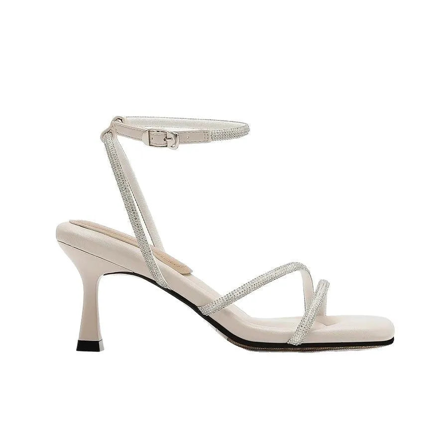 Women's rhinestone sandals with drooping effect square toe ankle-strap buckle PU upper rubber sole silver colour