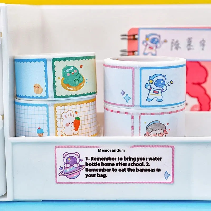 Roll of cartoon message index stickers showing dinosaur, astronaut, rabbit, and girl designs for student organisation