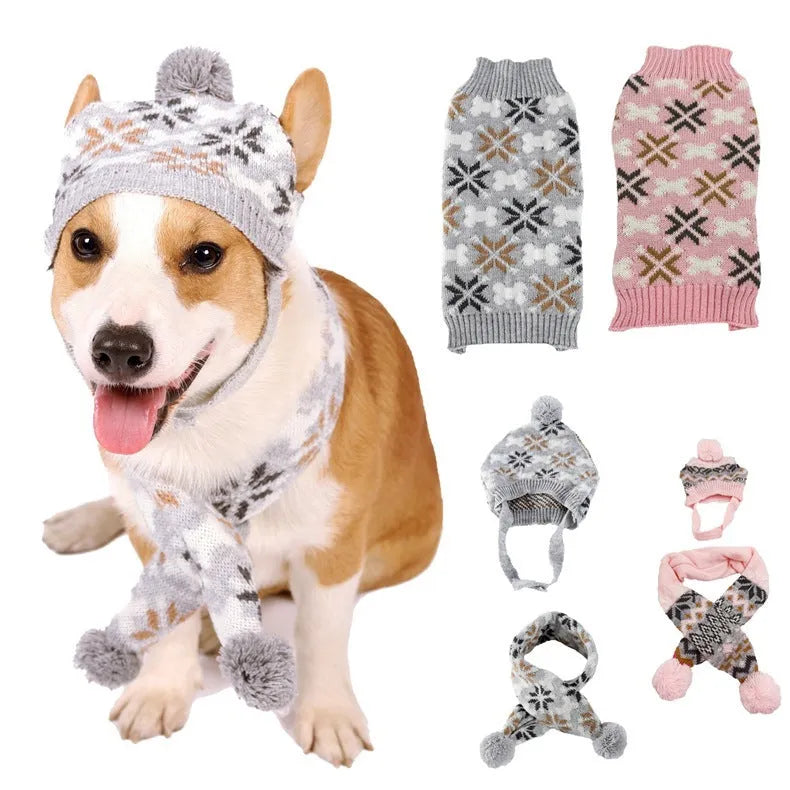 Japanese-style retro jacquard acrylic pet sweater and scarf hat set in gray and pink for small dogs and cats