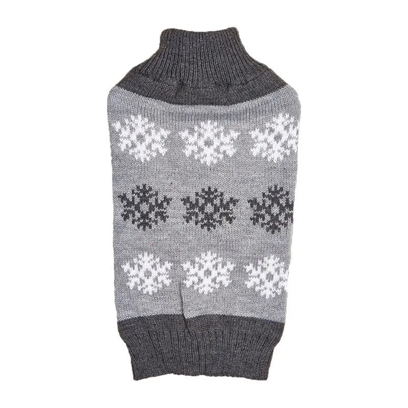 Grey and dark brown dog Christmas sweater with snowflake patterns and acrylic knit material