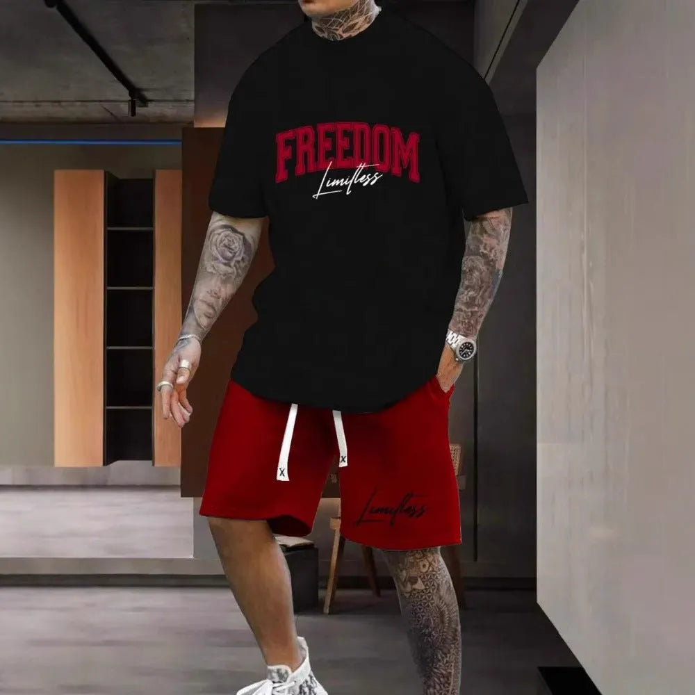 Men's 3D printing graphic suit with short sleeve top and shorts in polyester fibre fabric