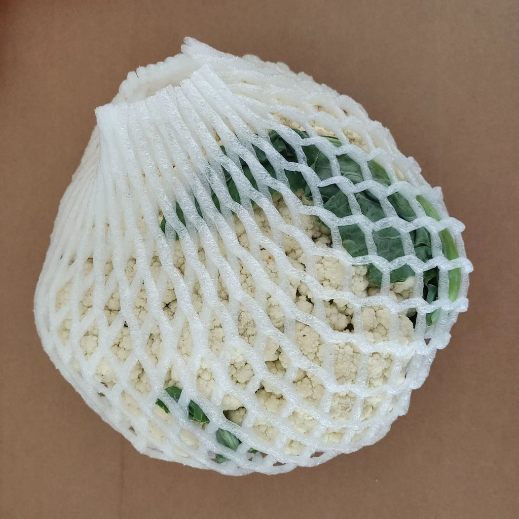 White foam net protective cover for fruit, shown next to an apple, with size options listed.