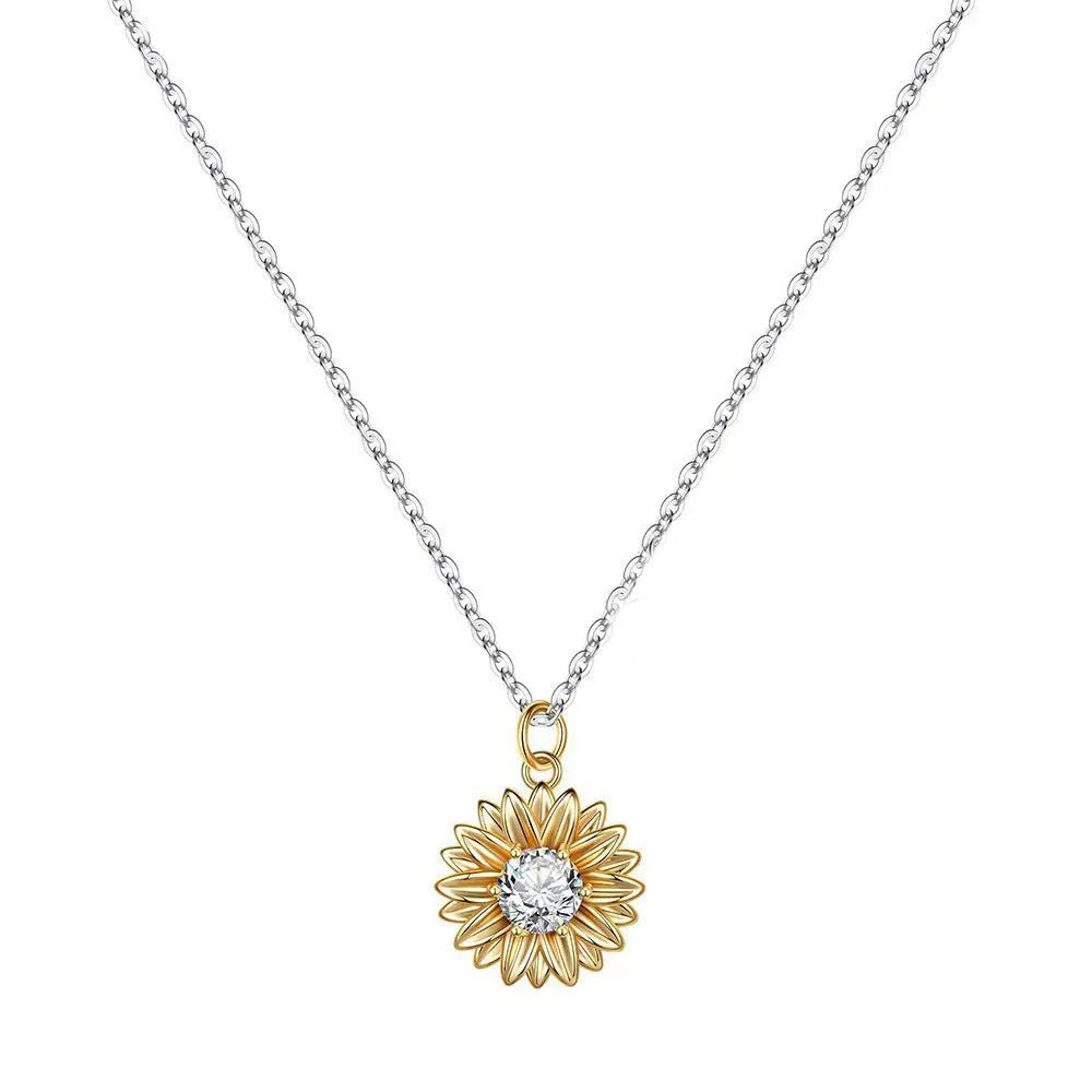 Geometric sunflower necklace with daisy petals on 925 silver adjustable cross chain