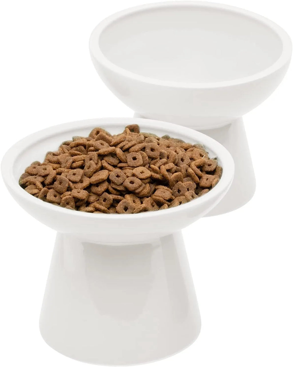 Ceramic elevated cat food bowl in blue, green, pink or white with wide shallow design