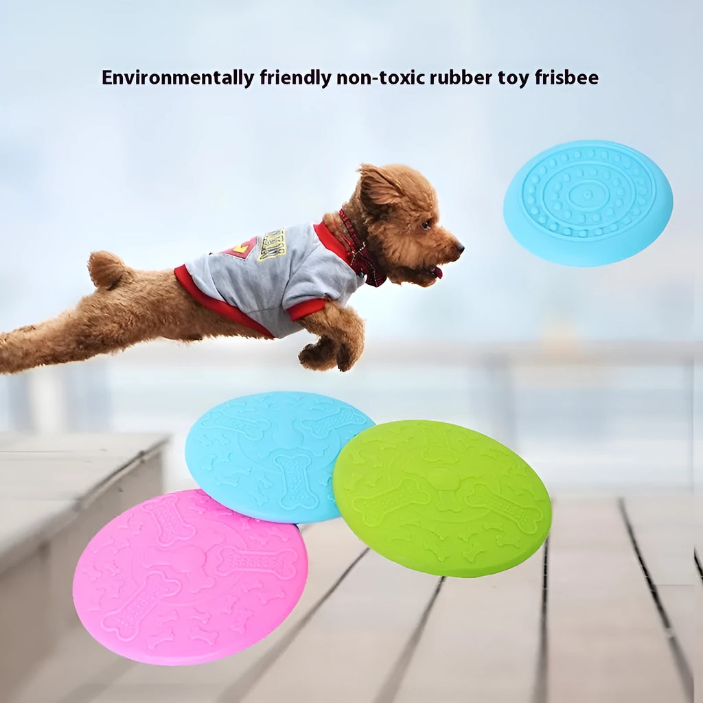 Pet dog toy rubber disk frisbee in plastic material with six colour options including Lake Blue, Sky Blue, and Silver Pink