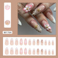 French style false nails with floral rock pattern and W1764 simple flowers design