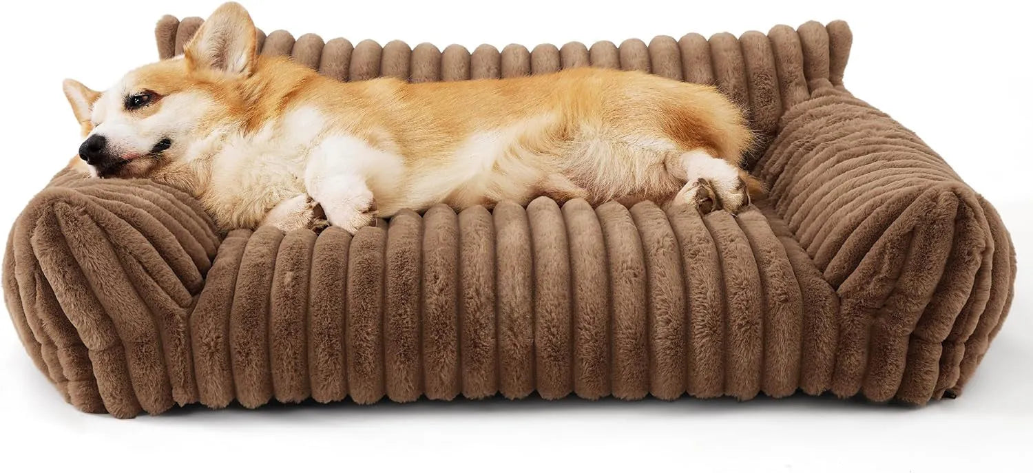 Bedsure fluffy cat couch for indoor cats with three-sided backrest and soft corduroy fleece cover in beige