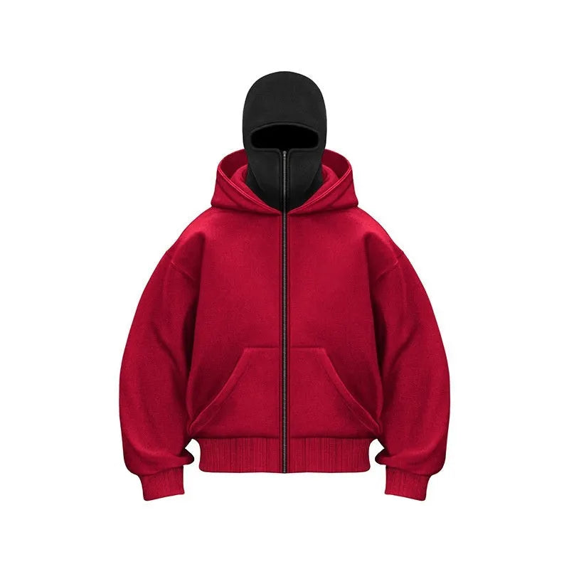 Fleece-lined double hood unique design hooded sweater in grey, loose fit, 3D pattern, polyester, street hipster style