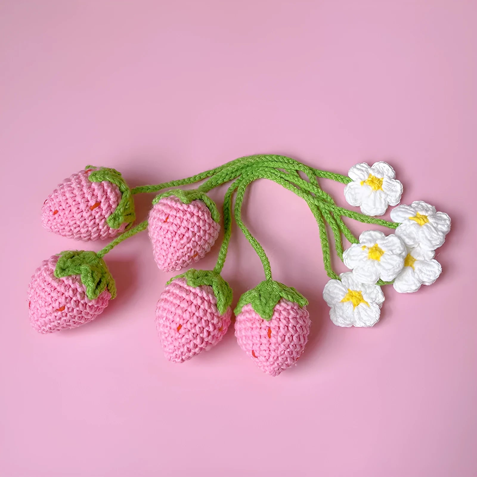 Wool crochet strawberry pendant necklace with woven design on 35cm cord