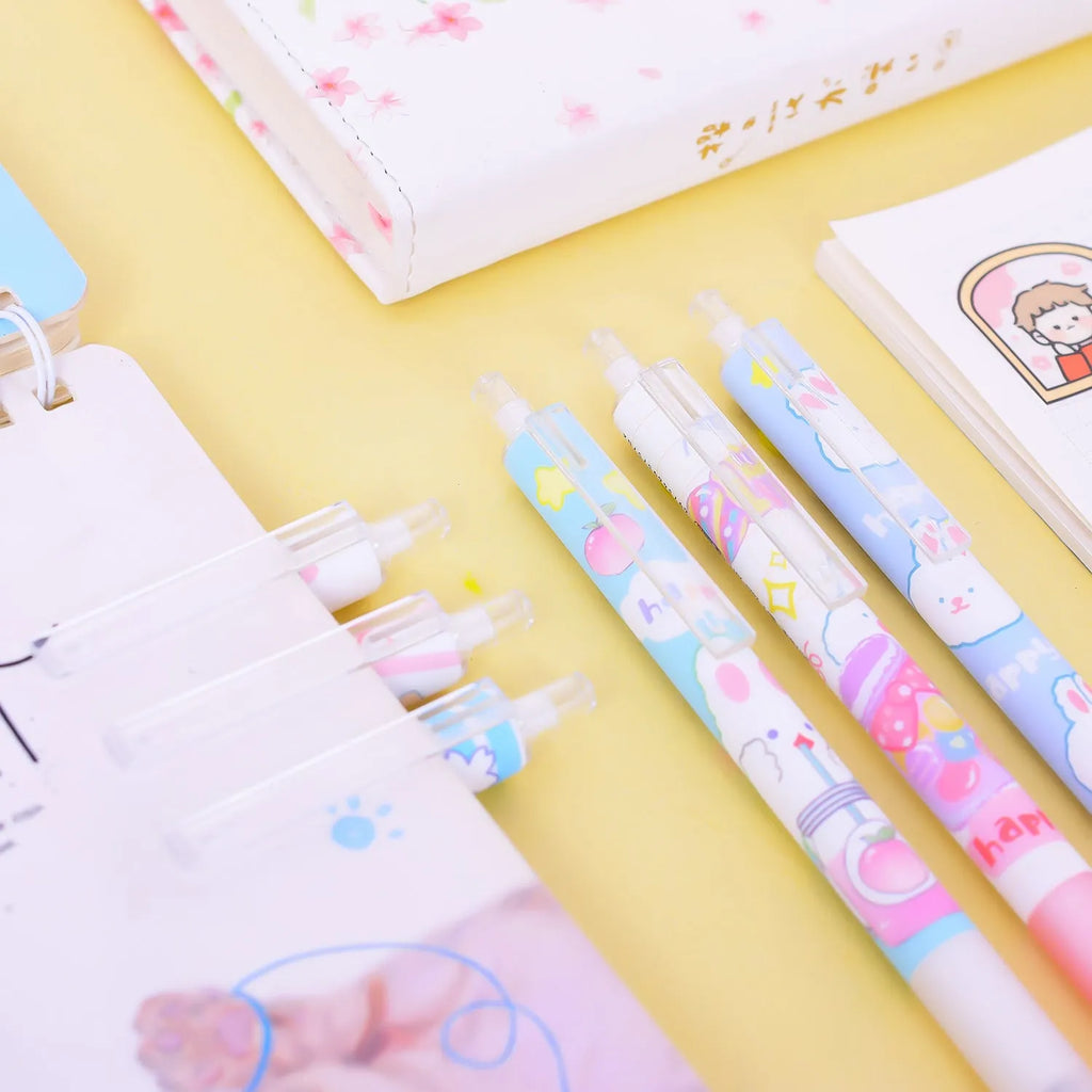Six cartoon bunny black pens with 0.5mm tips arranged in stationery set