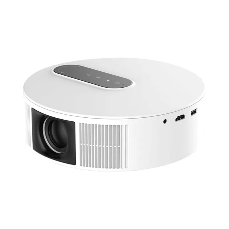 White home theatre projector with remote control on table showing HD 720p resolution specifications